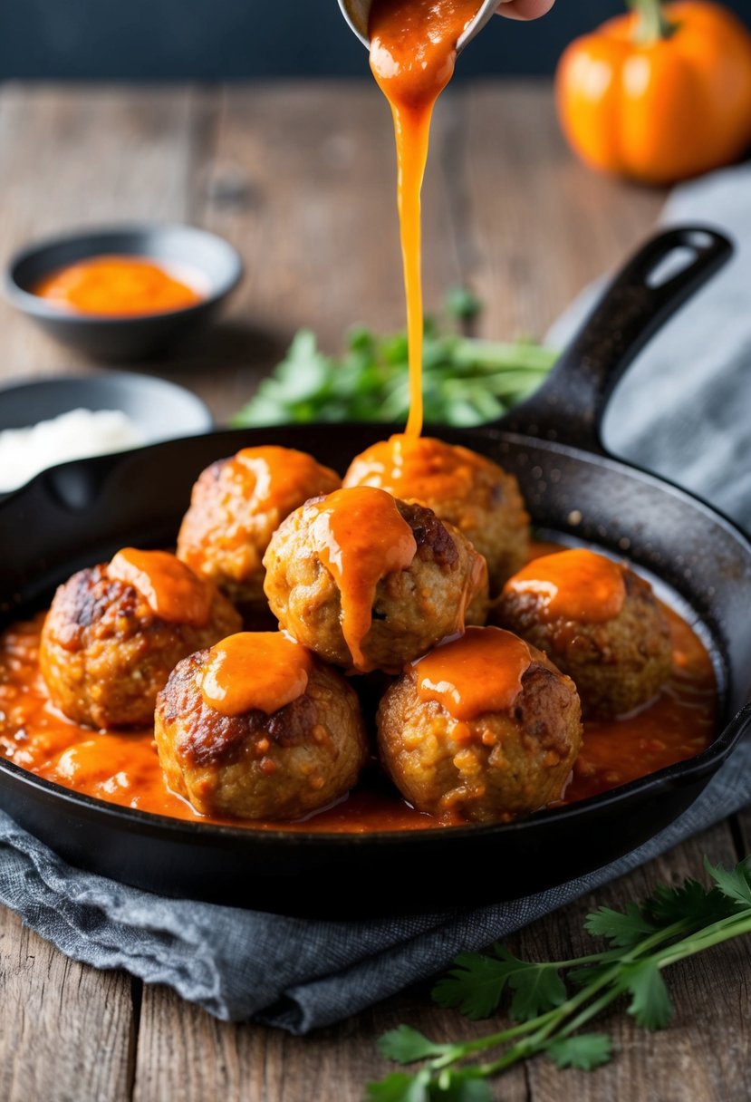 A plate of buffalo meatballs sizzling in a skillet with a spicy sauce drizzled on top