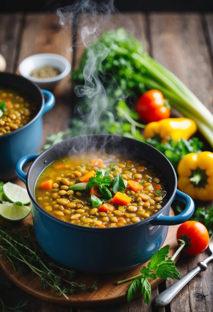 A steaming pot of lentil soup surrounded by fresh vegetables and herbs on a rustic wooden table