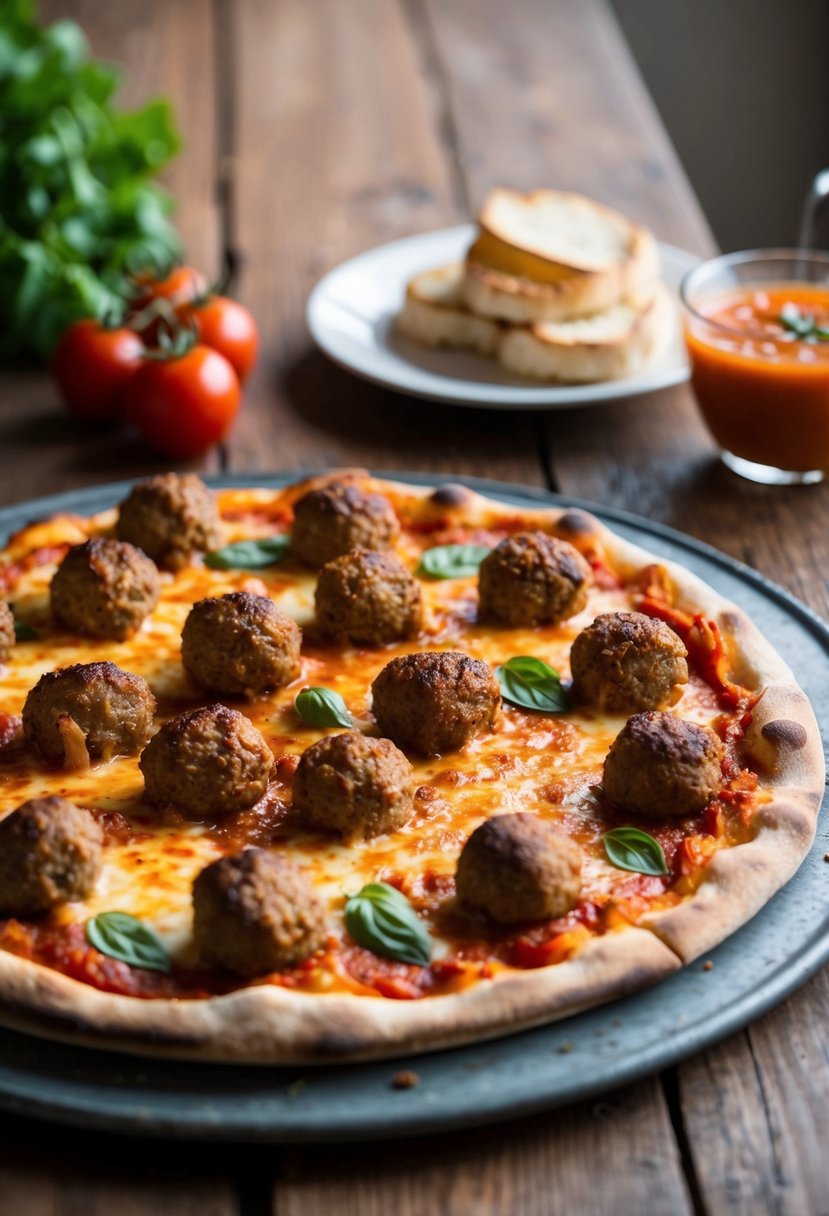 A steaming hot pizza topped with savory meatballs, bubbling cheese, and rich tomato sauce sits on a rustic wooden table