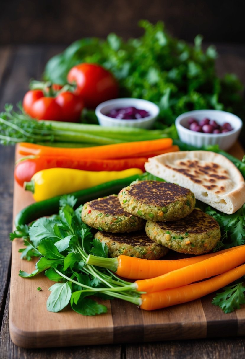 A colorful array of fresh vegetables, chickpea falafel, and warm pita bread, arranged on a wooden cutting board