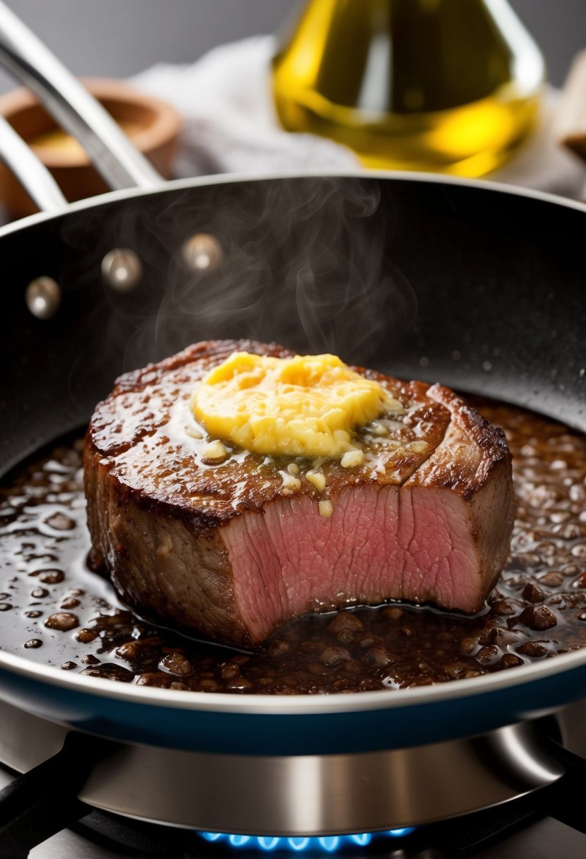 A sizzling filet mignon steak searing in a hot pan, with bubbling garlic butter melting over the top