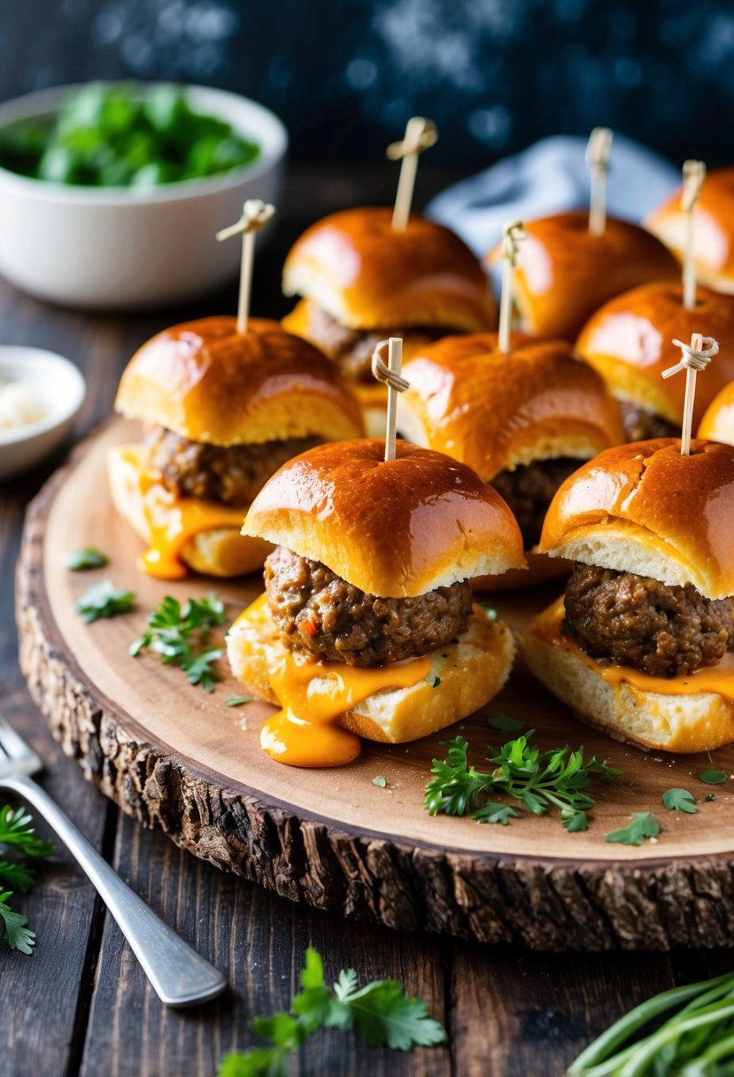 A platter of meatball sliders on a rustic wooden board with fresh herbs and melted cheese