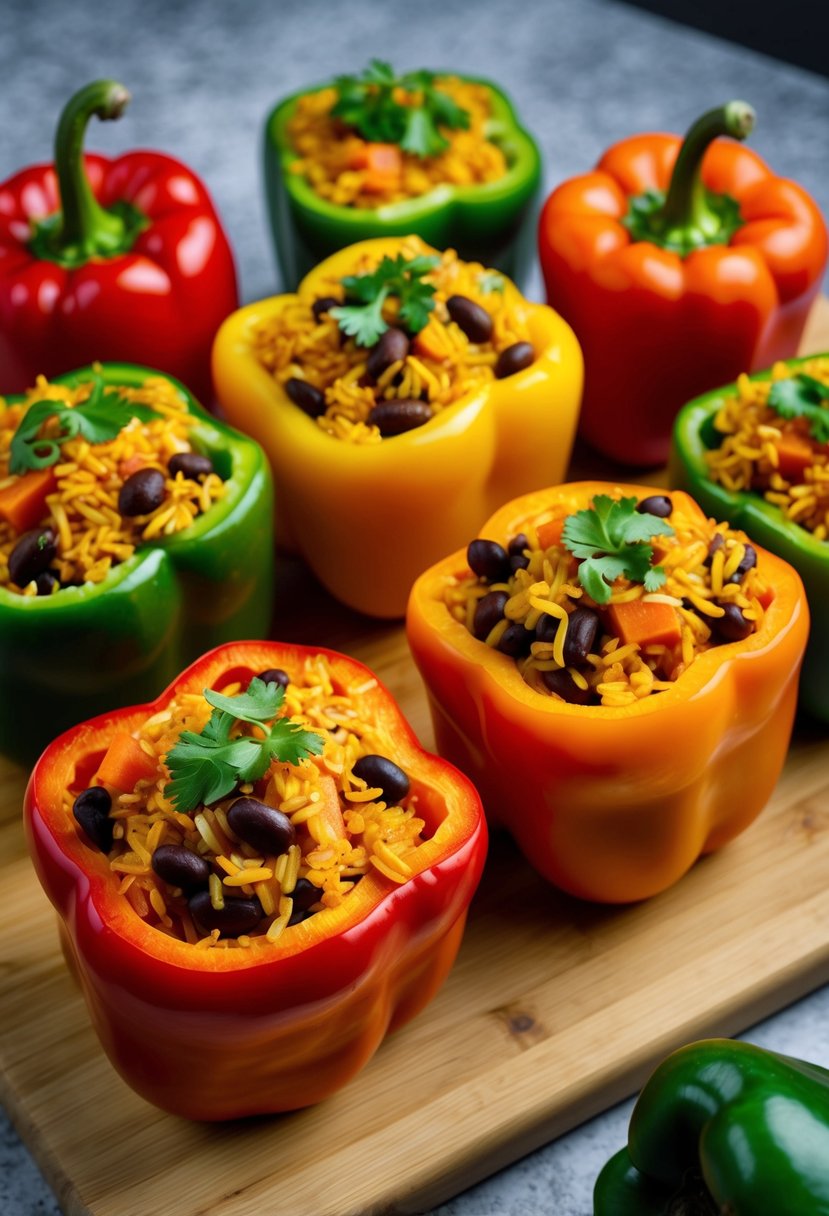 A colorful array of bell peppers, filled with a delicious mixture of rice, beans, and vegetables, arranged on a wooden cutting board