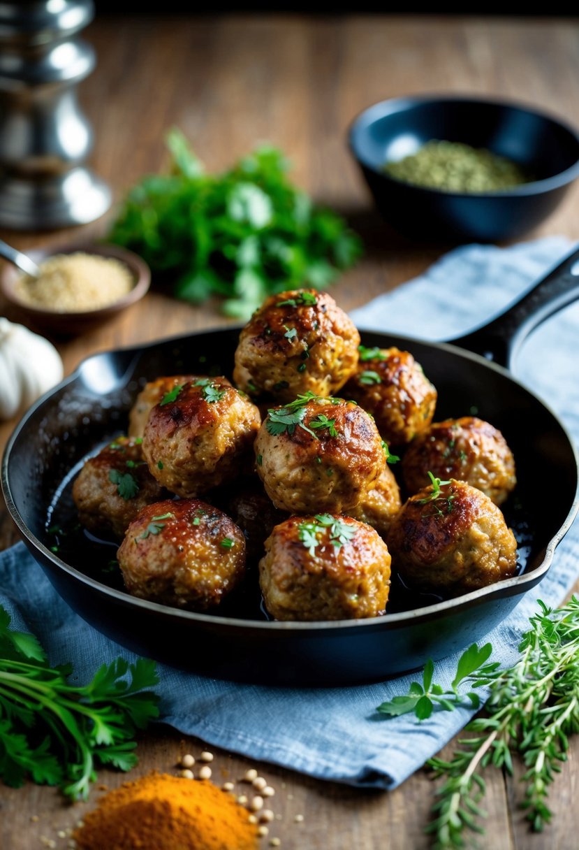 A plate of keto meatballs sizzling in a skillet, surrounded by fresh herbs and spices