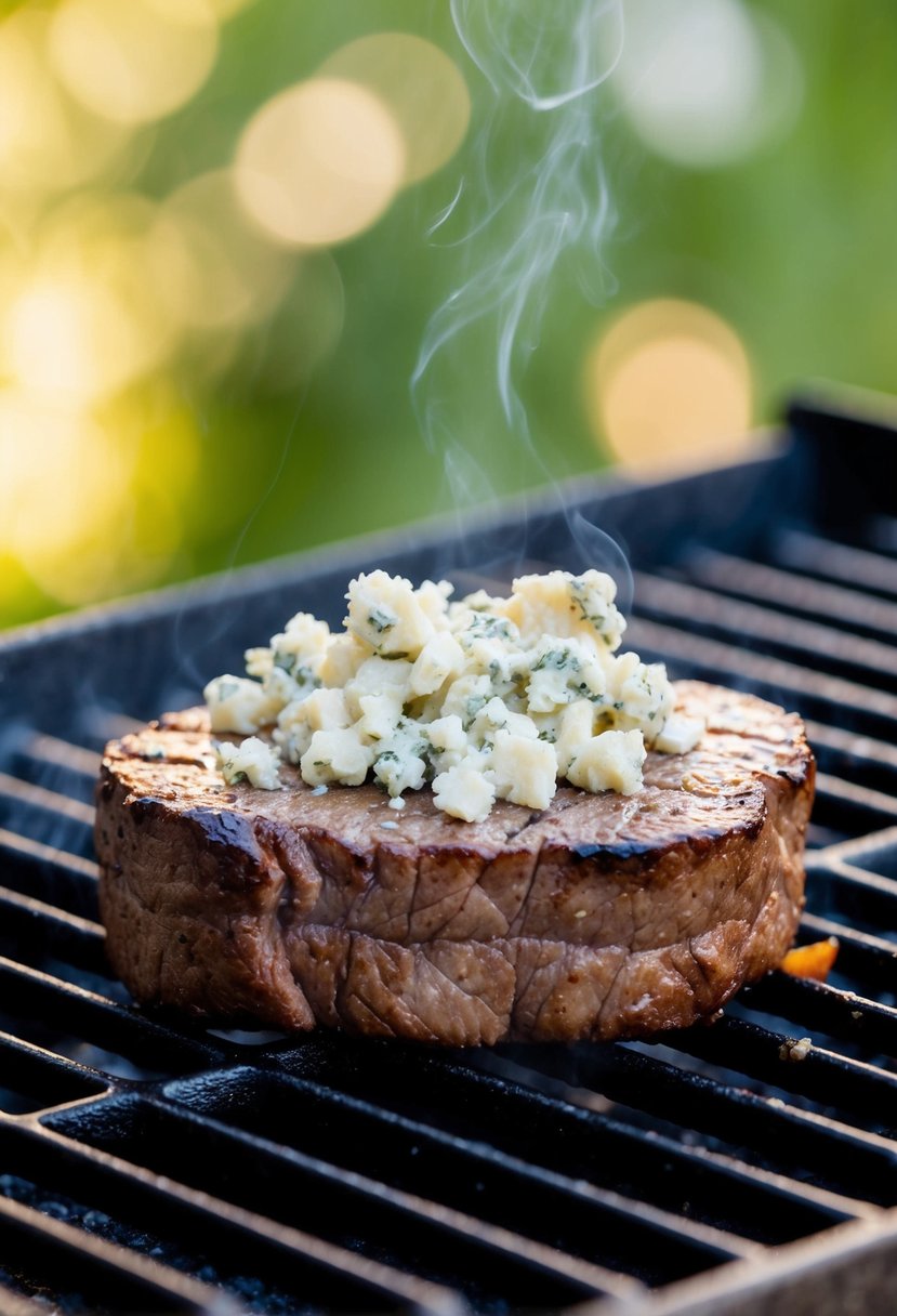 A sizzling filet mignon steak topped with crumbled blue cheese, resting on a grill grate with grill marks