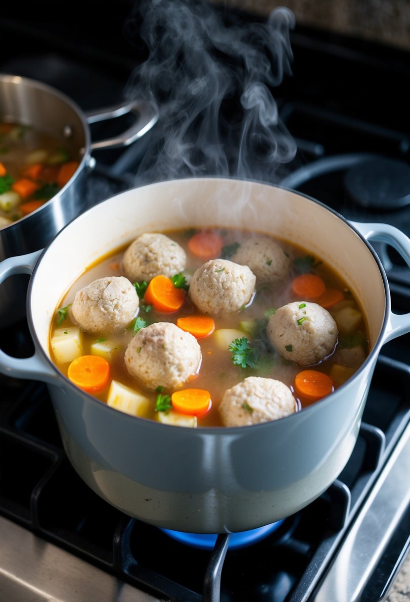 A pot simmering on a stove, filled with hearty broth, vegetables, and plump frozen meatballs. Steam rises as the soup cooks