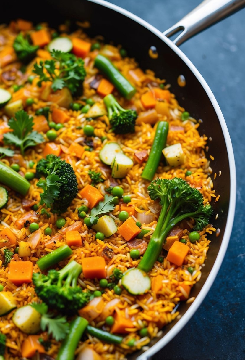 A colorful array of vegetables, rice, and fragrant spices sizzle in a large pan, creating a mouth-watering vegetable paella