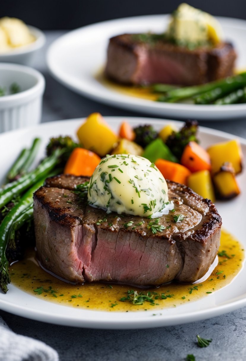 A sizzling filet mignon steak topped with a dollop of herb compound butter melting over the juicy meat, served on a white plate with a side of roasted vegetables