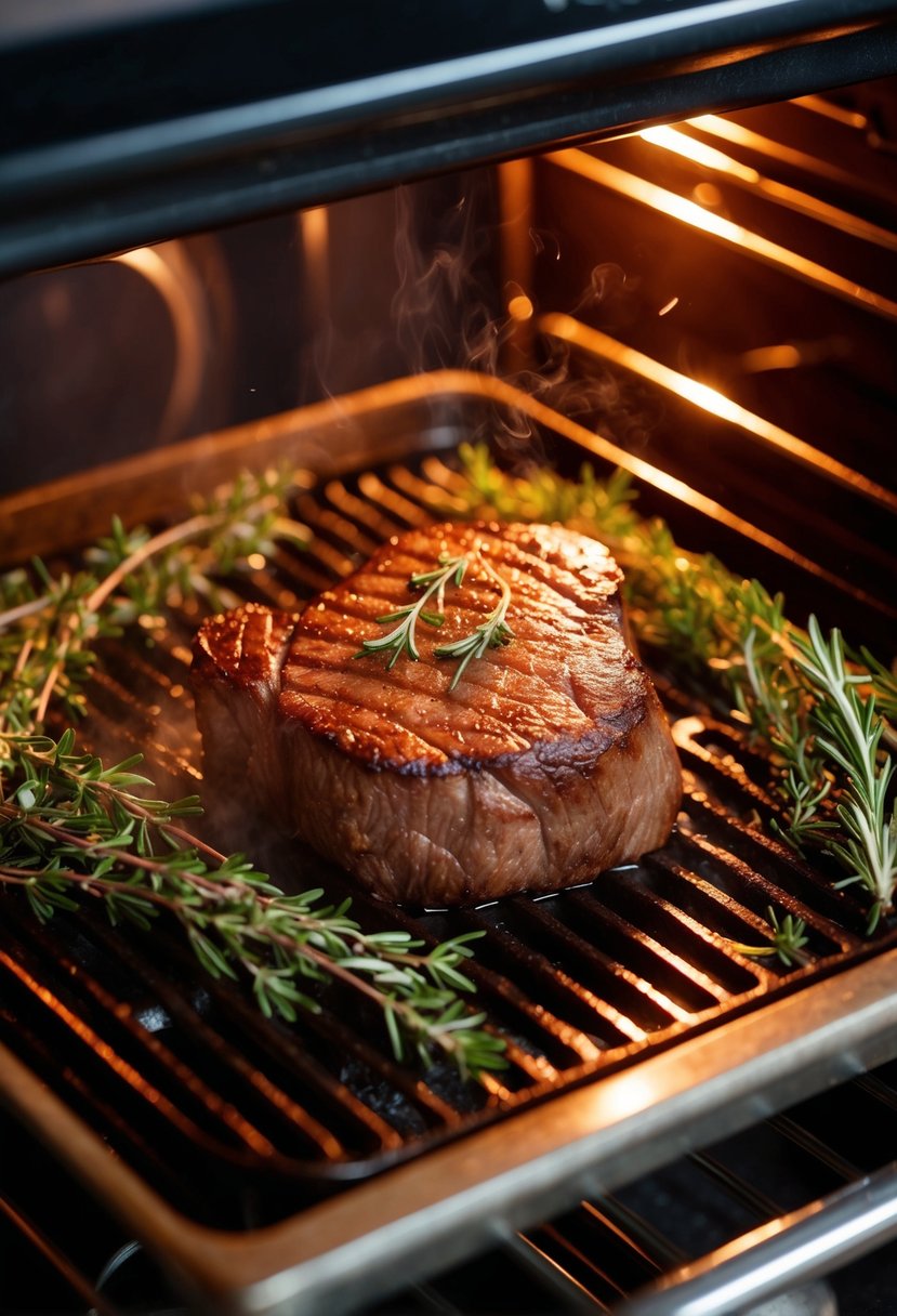 A sizzling filet mignon steak cooks in the oven, surrounded by sprigs of fresh thyme and rosemary. The meat is seared to perfection, emitting a mouth-watering aroma