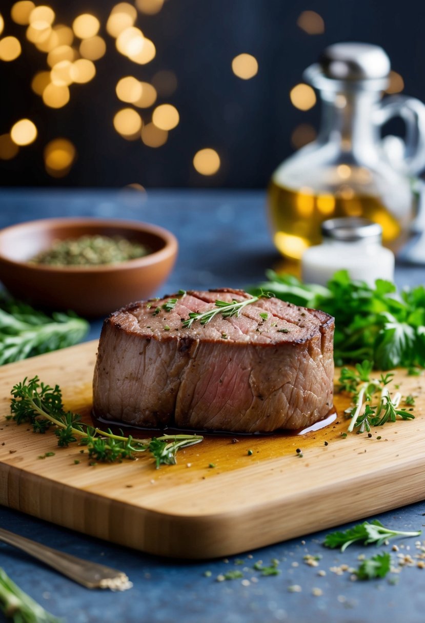 A perfectly cooked filet mignon resting on a cutting board, surrounded by fresh herbs and seasonings