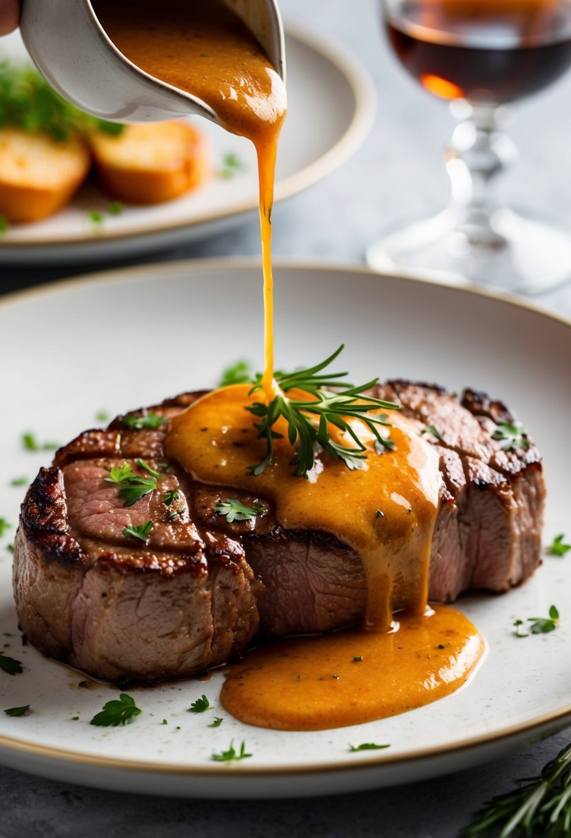 A sizzling filet mignon steak drizzled with a rich Kentucky bourbon sauce, garnished with fresh herbs and served on a elegant plate