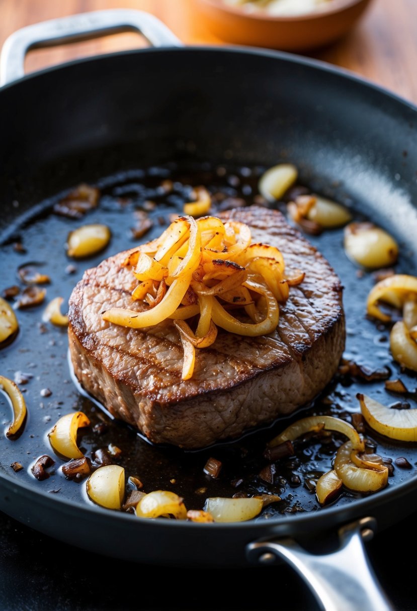 A sizzling filet mignon topped with caramelized onions on a hot skillet