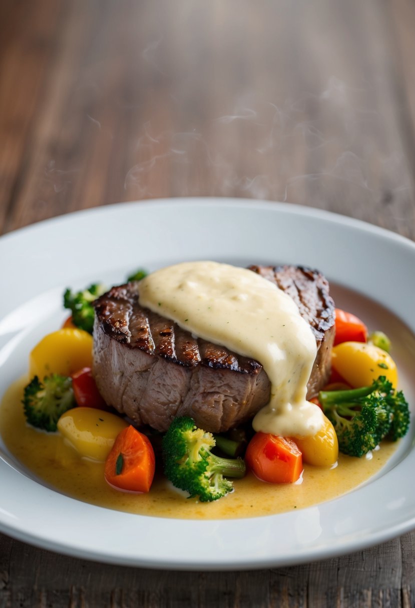 A sizzling filet mignon topped with creamy Béarnaise sauce, surrounded by a medley of colorful roasted vegetables on a white porcelain plate