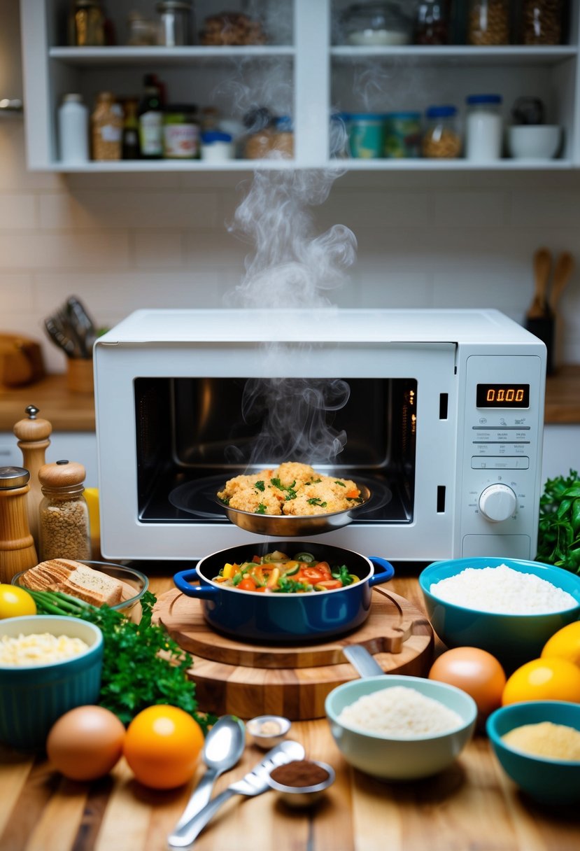 A variety of ingredients and kitchen utensils surround a microwave, with a steaming dish of food being removed from inside