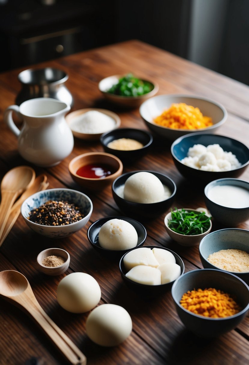 A wooden table with various ingredients and utensils for making mochi