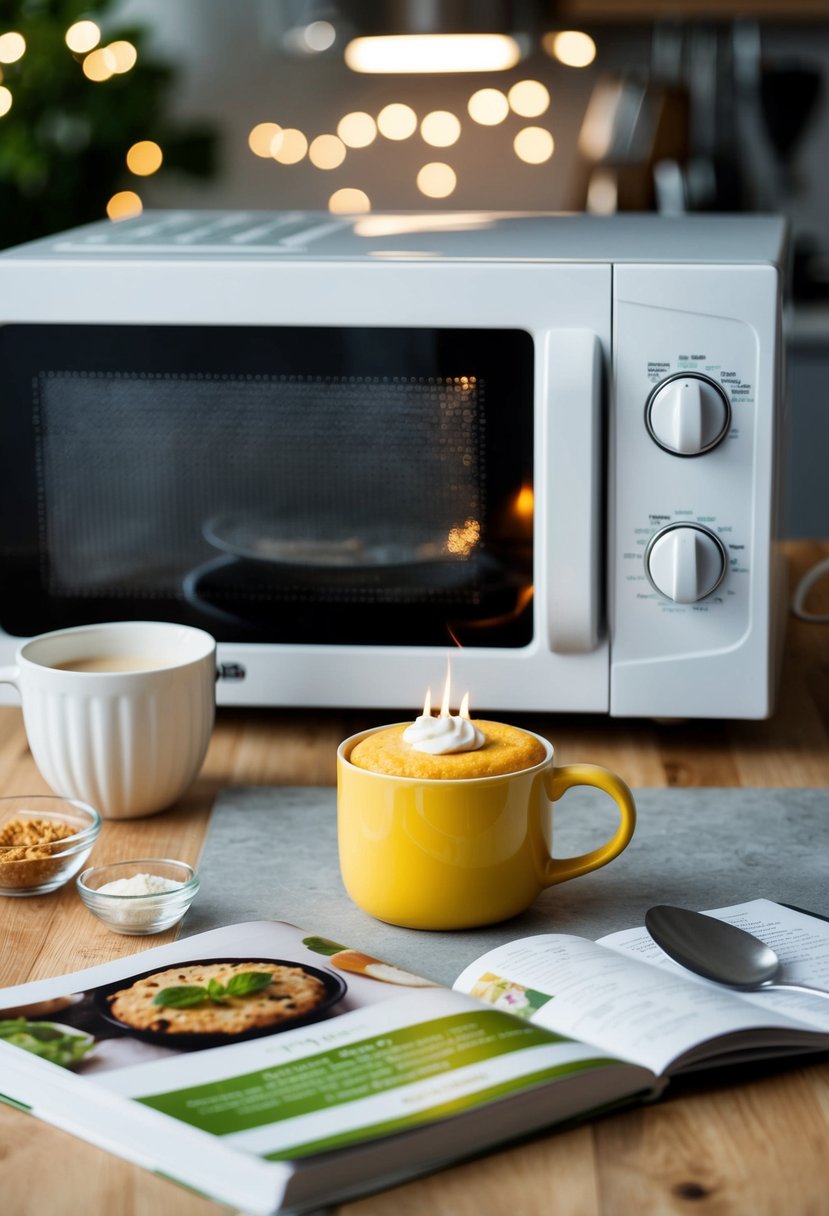 A mug cake being heated in a microwave, with ingredients and a recipe book nearby