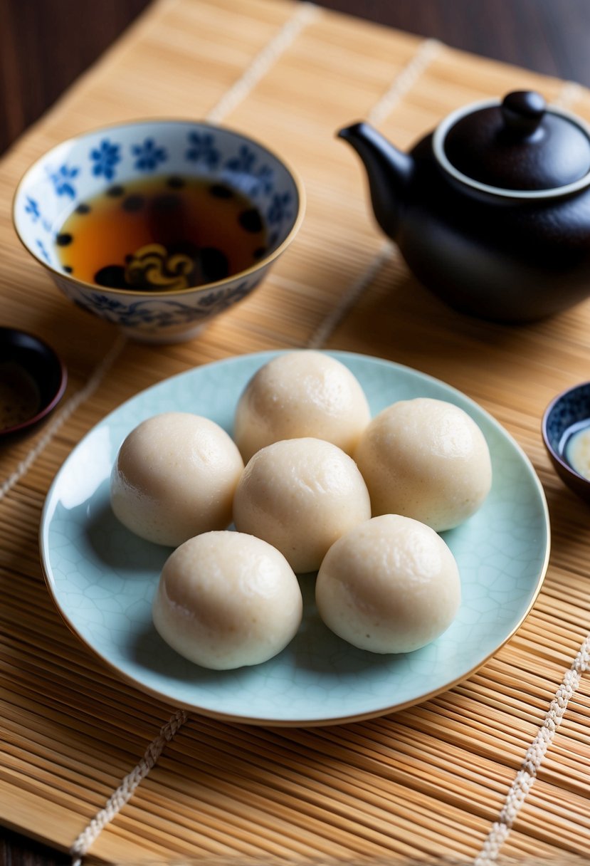 A plate of classic red bean mochi surrounded by traditional Japanese tea set on a bamboo mat