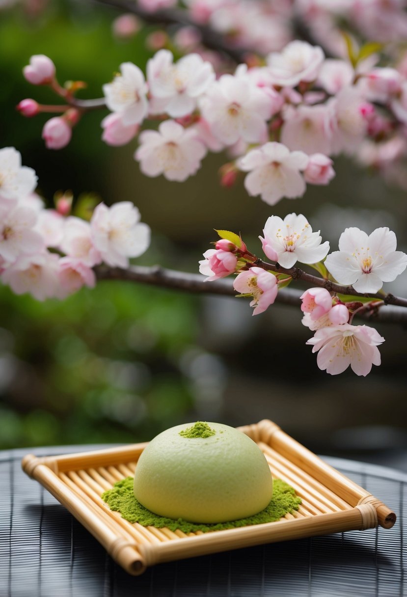 A serene Japanese tea garden with a bamboo tray of freshly made matcha green tea mochi surrounded by delicate cherry blossoms