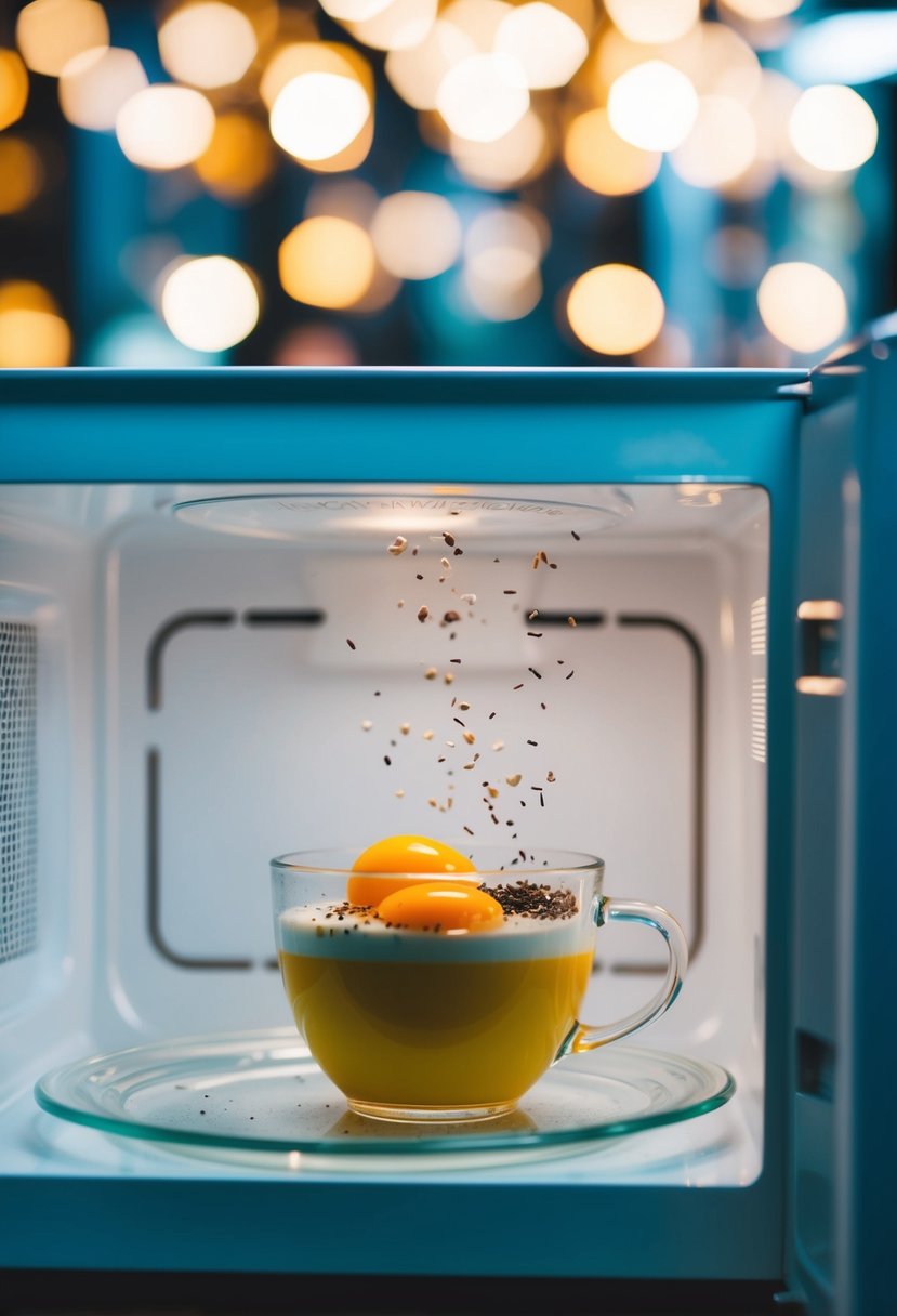 A cup with eggs and seasonings sits in a microwave