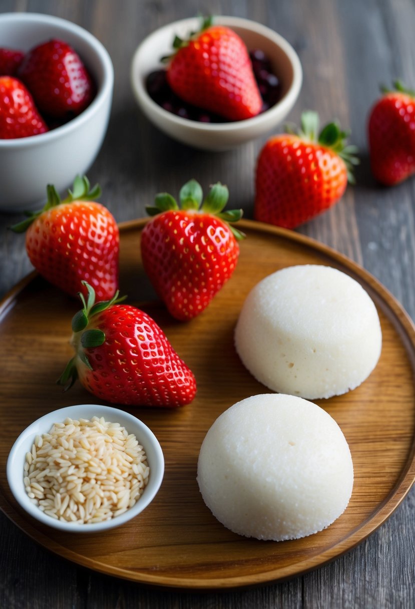 A table with ingredients for strawberry daifuku mochi, including fresh strawberries, rice flour, and sweet red bean paste