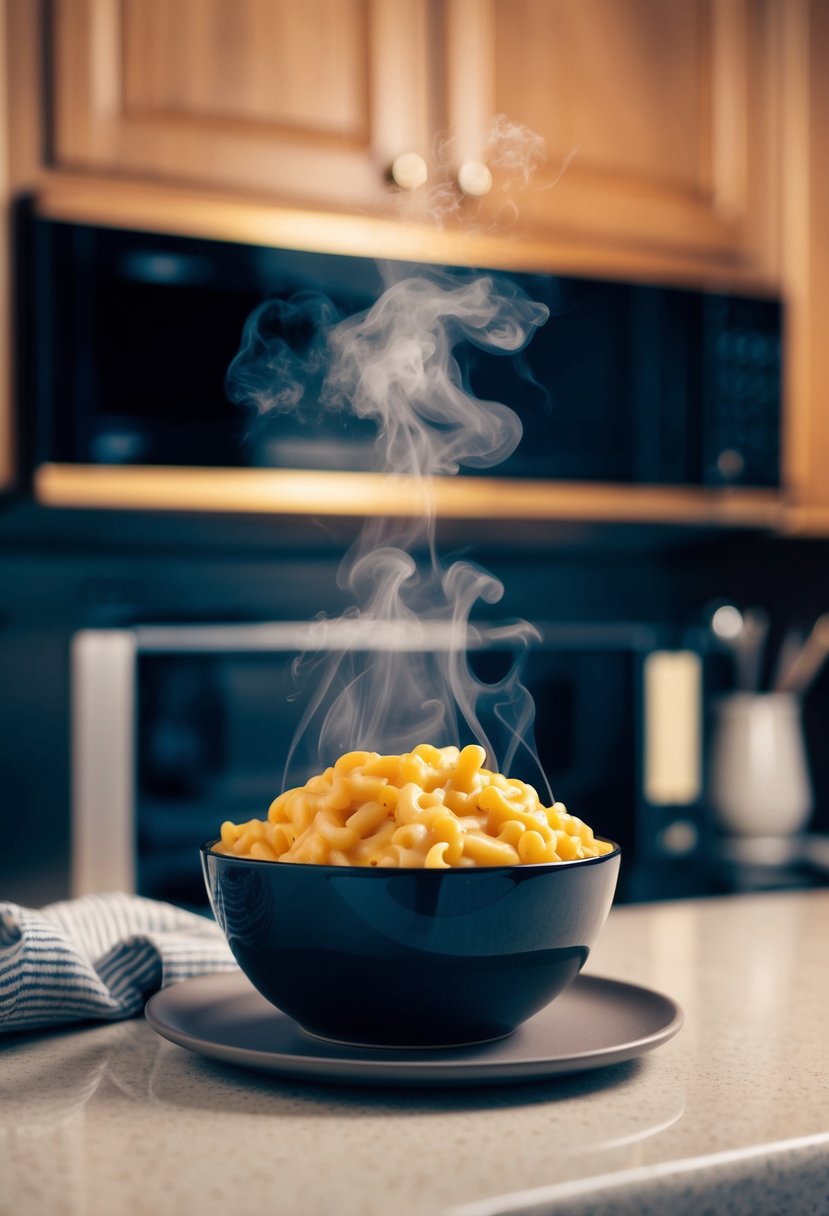 A bowl of microwaved mac and cheese steaming on a kitchen counter