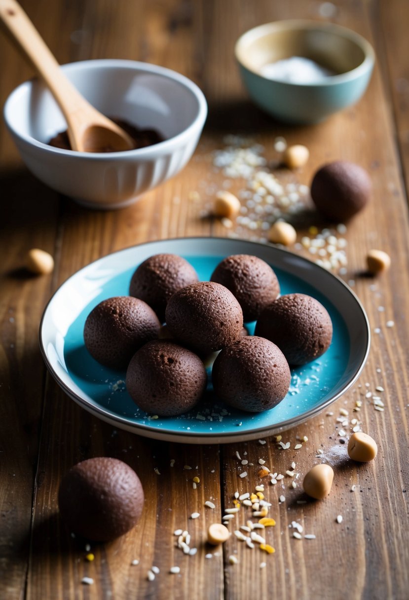 A wooden table with a plate of chocolate mochi balls surrounded by scattered ingredients and a mixing bowl