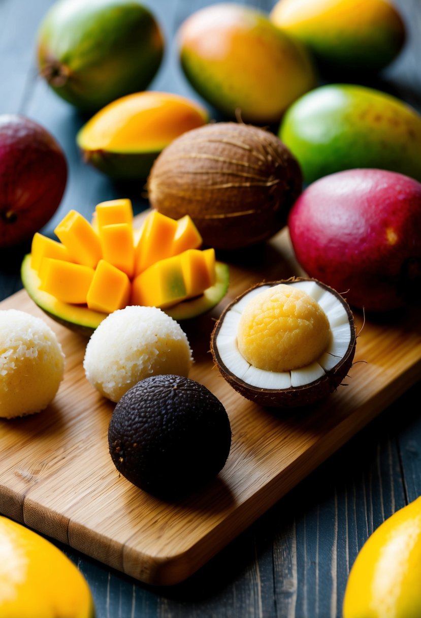 A colorful array of mangoes, coconuts, and mochi balls on a wooden cutting board