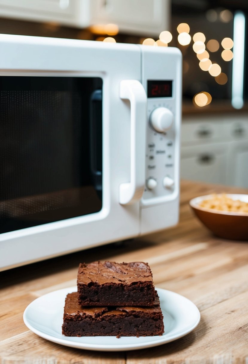 A microwave oven with a plate of freshly baked brownies inside