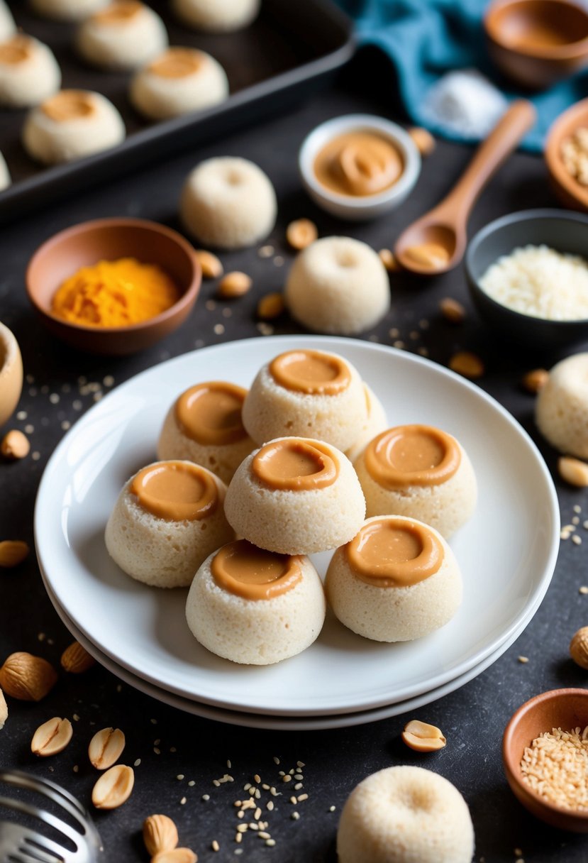 A plate of Peanut Butter Mochi Bites surrounded by scattered ingredients and kitchen utensils