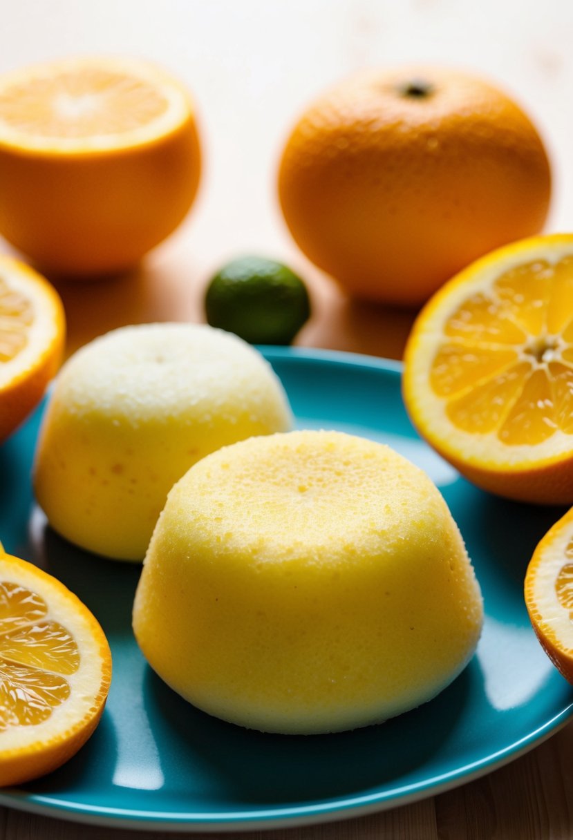 A table with freshly made Yuzu Citrus Mochi, surrounded by vibrant citrus fruits and mochi ingredients