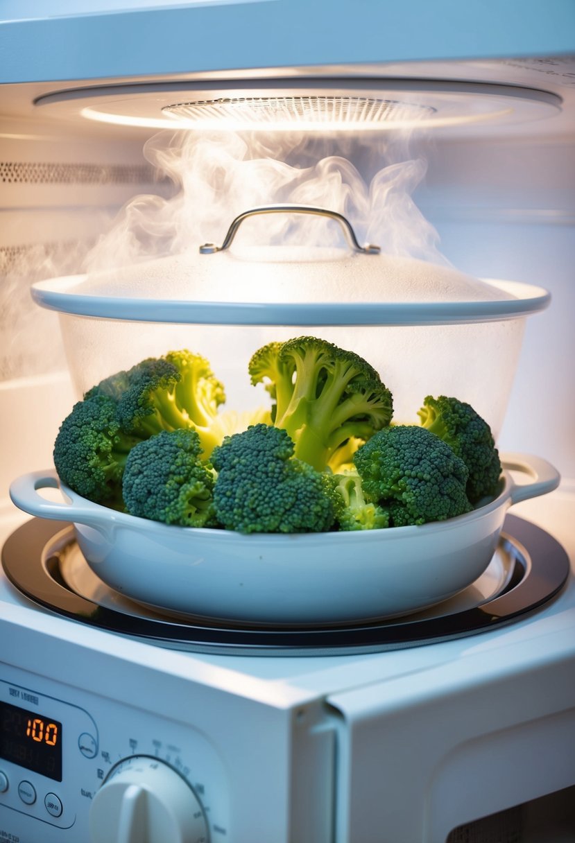 Fresh broccoli florets in a microwave-safe dish, covered with a lid, surrounded by steam, with a timer set for quick and healthy cooking