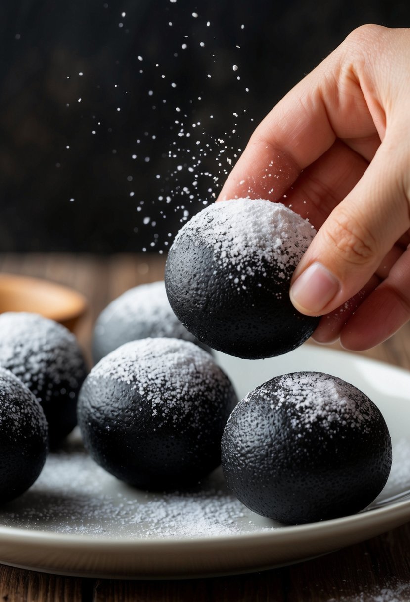 A black sesame mochi being rolled into small balls and dusted with powdered sugar