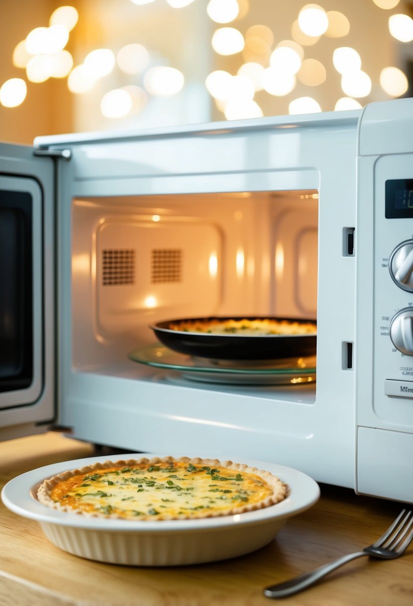 A microwave with a spinning plate inside, a quiche in a microwave-safe dish, and a fork on the counter