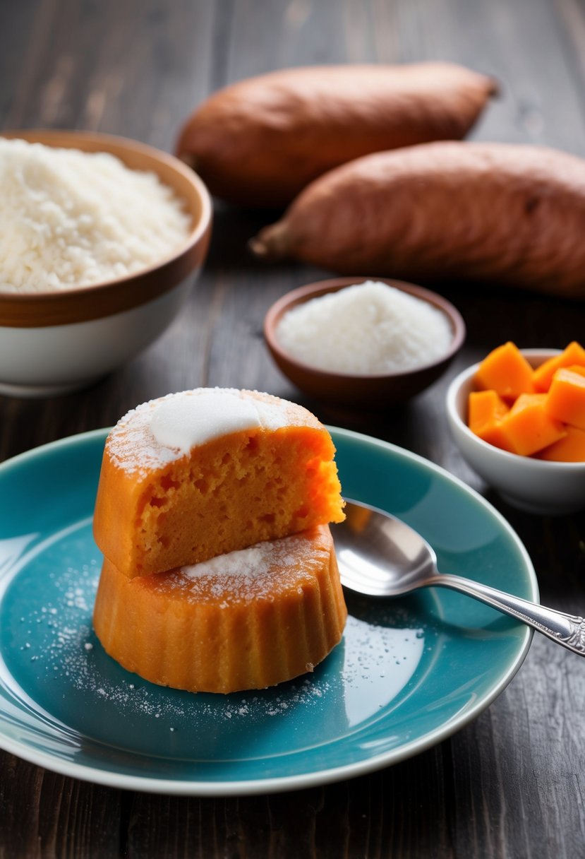 A table with a freshly baked sweet potato mochi cake surrounded by ingredients like sweet potatoes, rice flour, and sugar