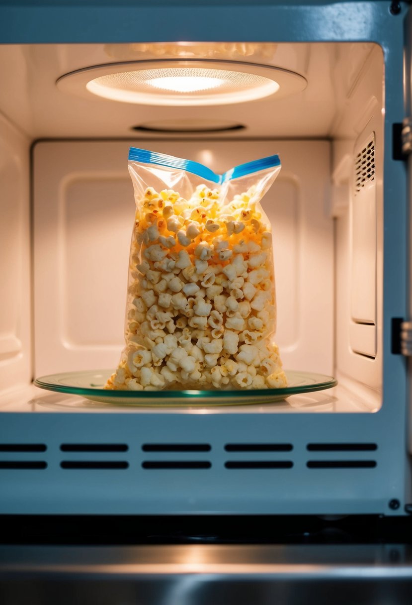 A bag of microwave popcorn spinning inside the microwave with the door closed