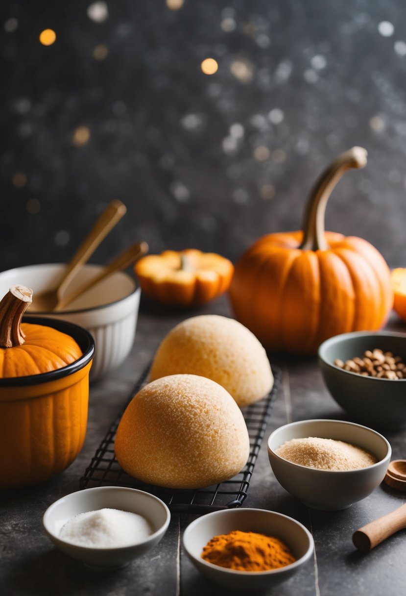 A table with assorted ingredients and utensils for making Pumpkin Spice Mochi