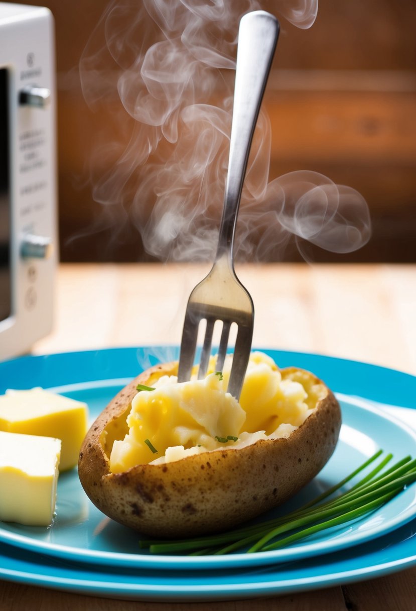 A potato sitting on a microwave-safe plate, steaming with a fork stuck in it. Sour cream, chives, and butter arranged nearby