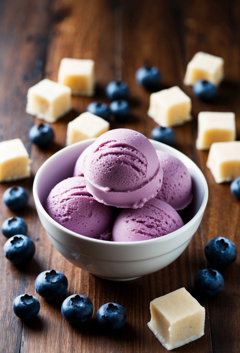 A bowl of blueberry mochi ice cream surrounded by fresh blueberries and mochi pieces on a wooden table