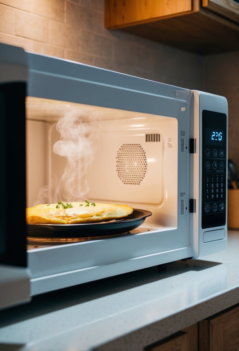 A microwave sits on a kitchen counter, with an omelette cooking inside. The timer is counting down as steam rises from the dish