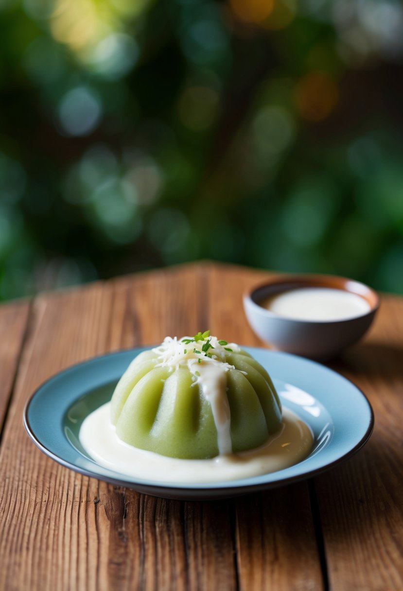 A plate of Taro Mochi with Coconut Sauce on a wooden table