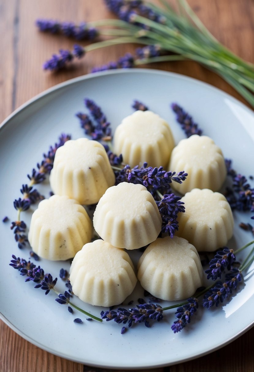 A plate of lavender mochi cookies surrounded by fresh lavender sprigs