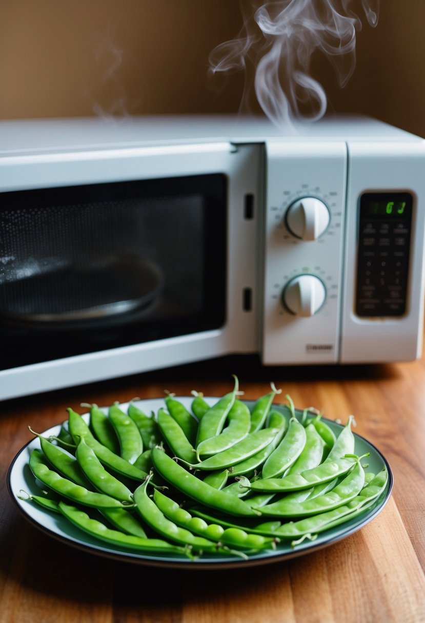 Fresh snap peas arranged on a plate next to a steaming microwave