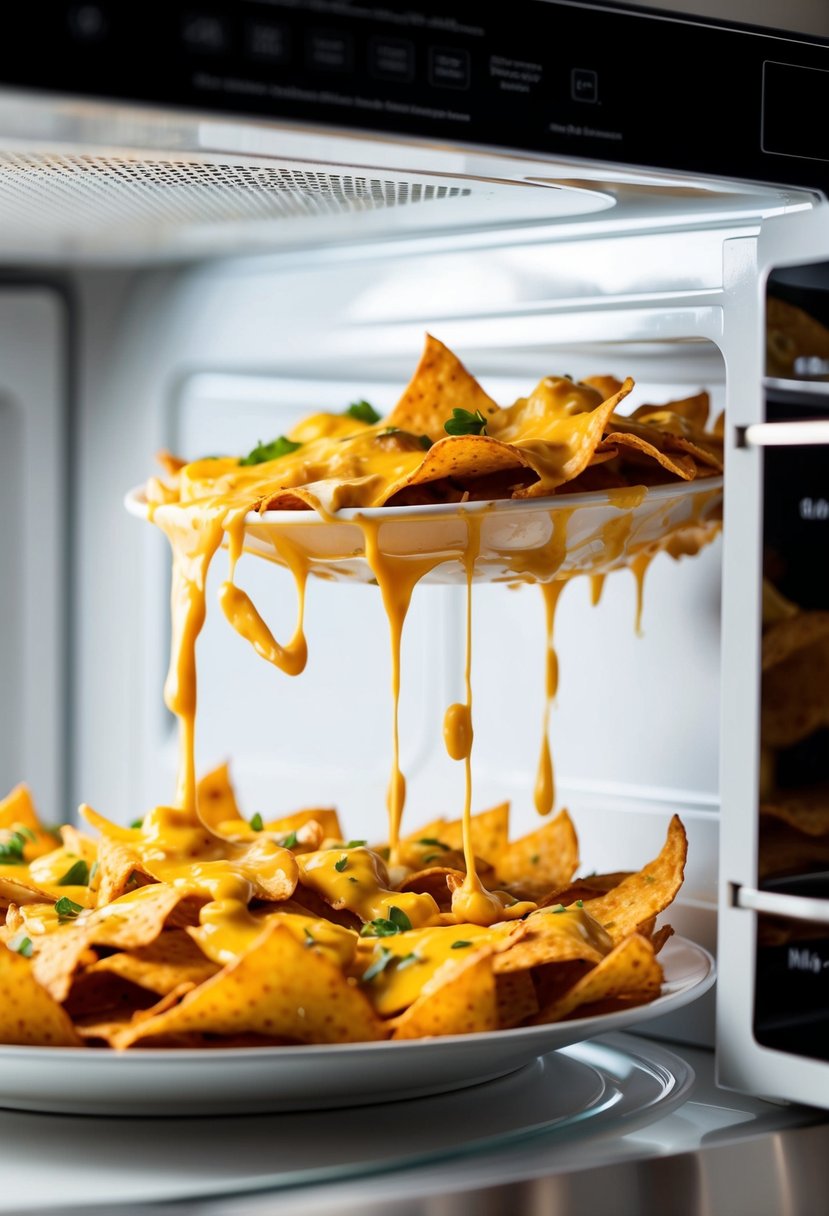 A plate of cheesy nachos spins in a microwave, the cheese bubbling and the chips turning crispy