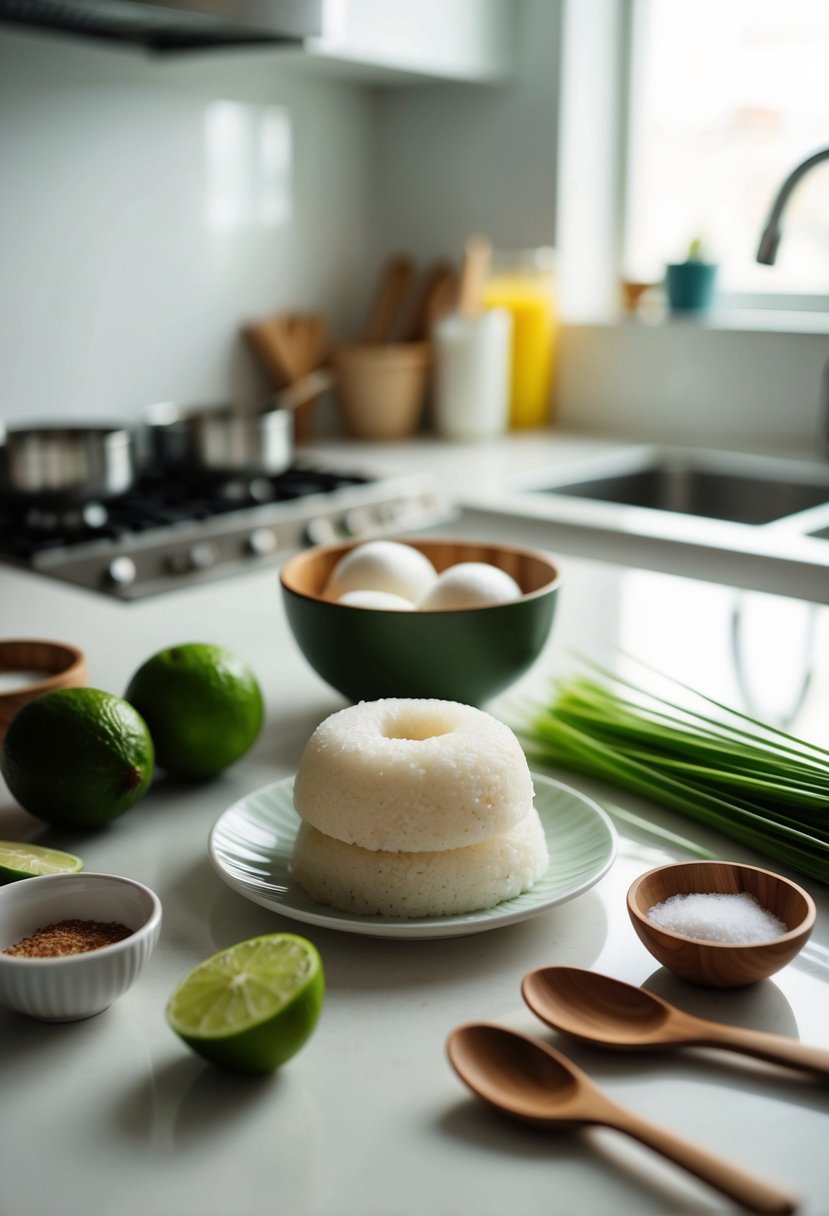 A coconut lime mochi being prepared with ingredients and utensils laid out on a clean, well-lit kitchen counter