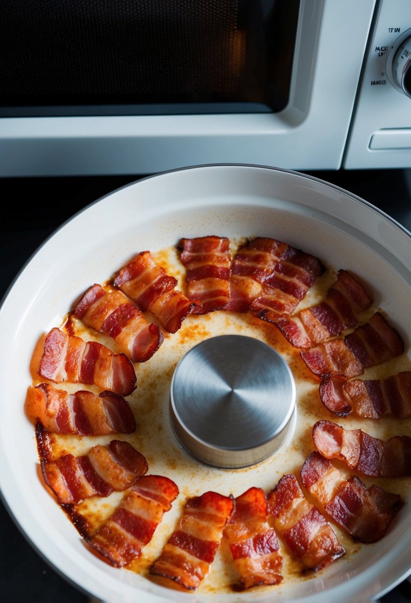 Sizzling bacon strips rotating on a microwave-safe dish