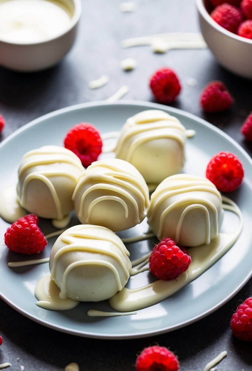 A plate of white chocolate raspberry mochi surrounded by fresh raspberries and drizzled with white chocolate sauce