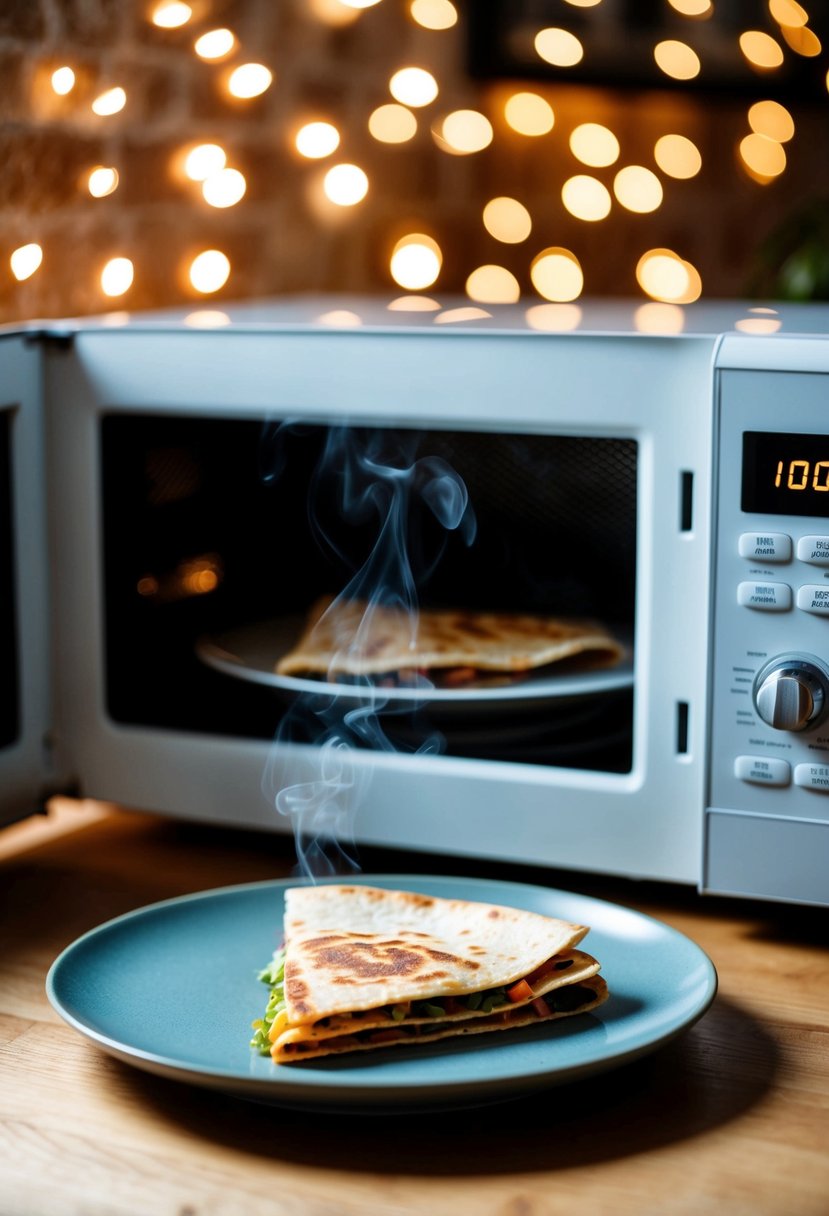 A microwave with a steaming hot quesadilla on a plate