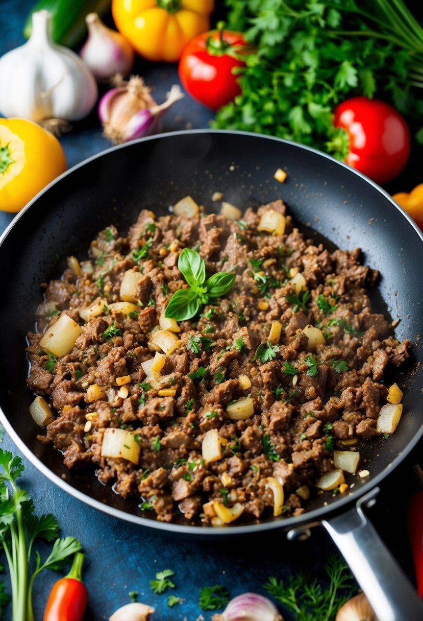 A sizzling pan of beef mince cooking with onions, garlic, and herbs, surrounded by colorful vegetables and spices