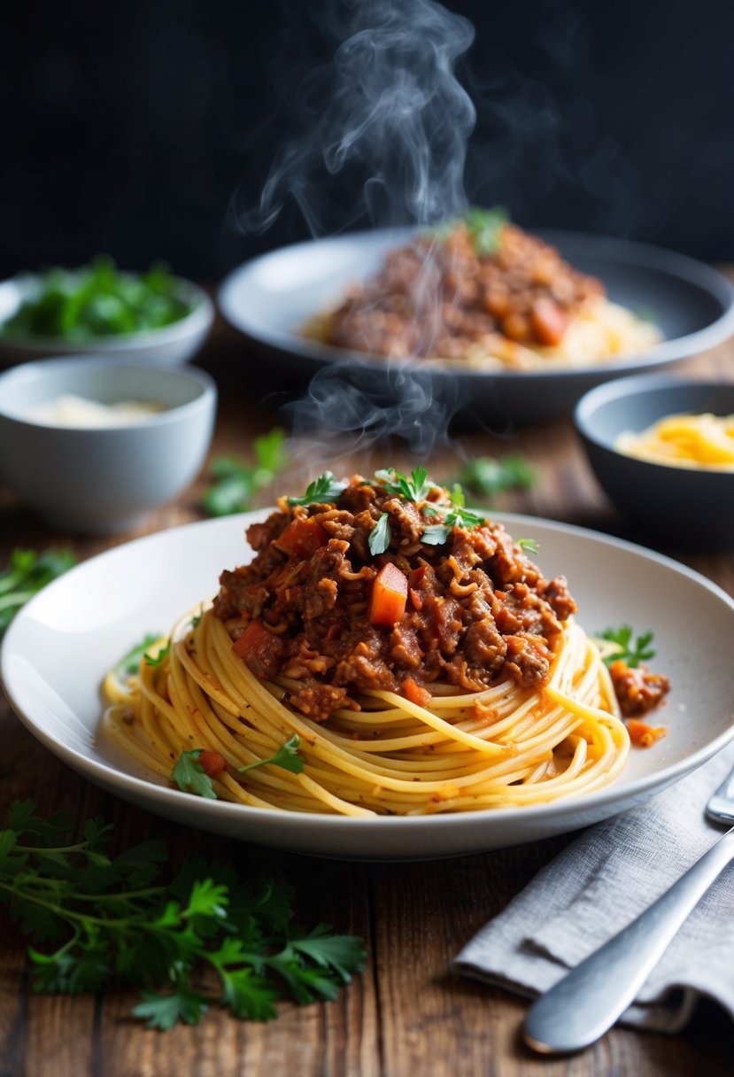 A steaming plate of spaghetti with rich Bolognese sauce and savory beef mince, garnished with fresh herbs