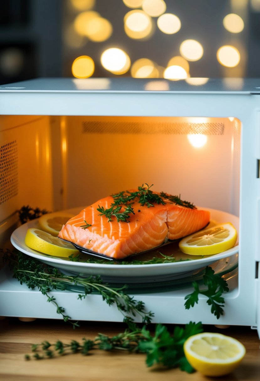 A plate of poached salmon sits inside a microwave, surrounded by herbs and lemon slices